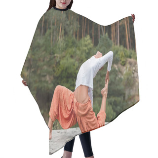 Personality  Barefoot Buddhist Practicing Crocked Monkey Pose In Forest Hair Cutting Cape