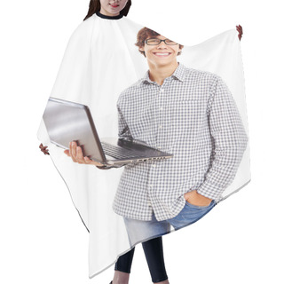 Personality  Smiling Guy With Laptop Hair Cutting Cape