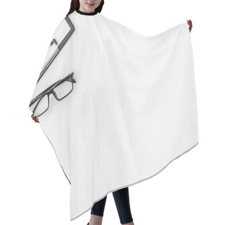 Personality  Glasses Near Folder With Paper And Stethoscope Isolated On White Background    Hair Cutting Cape