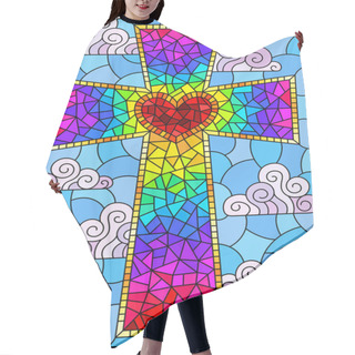 Personality  Illustration In Stained Glass Style With A Bright Christian Cross On A Background Of Sky And Clouds, Rectangular Image Hair Cutting Cape