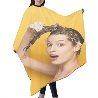 Personality  Excited Girl Looking At Camera While Washing Hair On Yellow Background Hair Cutting Cape