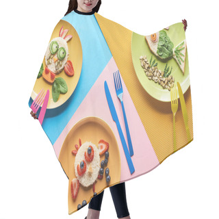 Personality  Top View Of Plates With Fancy Animals Made Of Food For Childrens Breakfast On Blue, Yellow And Pink Background With Cutlery Hair Cutting Cape