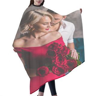 Personality  Handsome Man Hugging Smiling Sensual Woman In Red Dress Holding Beautiful Roses Hair Cutting Cape