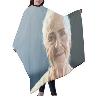 Personality  Face Of Smiling Aged Woman With White Hair Looking At You With Smile While Sitting In Front Of Camera Over Blue Background In Isolation Hair Cutting Cape