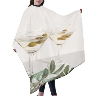 Personality  Glasses With Martini And Olive Branch On Grey Surface On White Background Hair Cutting Cape