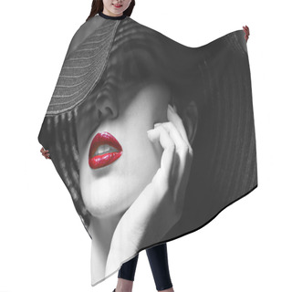 Personality  Mysterious Woman In Black Hat. Red Lips Hair Cutting Cape