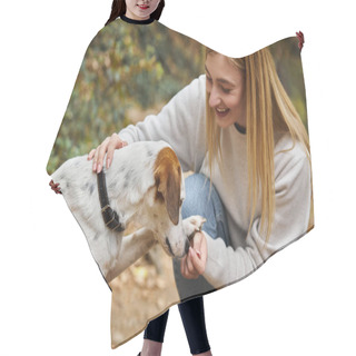Personality  Laughing Woman Training Her Pet Dog While Having Backpacking Trip With Companion Hair Cutting Cape