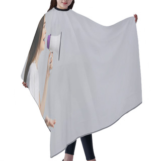 Personality  Young Pretty Woman Speaking In Loudspeaker Isolated On Grey, Panoramic Shot Hair Cutting Cape