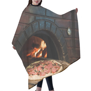 Personality  Close Up View Of Cooking Process Of Raw Pizza On Wooden Stove In Brick Oven Hair Cutting Cape