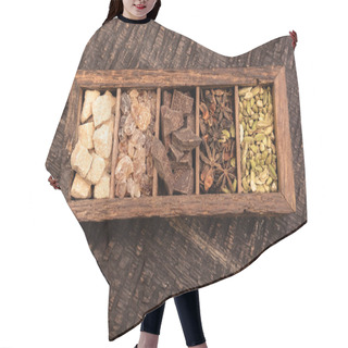 Personality  Top View Of Wooden Box With Different Spices On Table Hair Cutting Cape