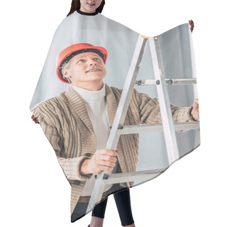 Personality  Middle Aged Man In Beige Cardigan Climbing On Ladder At Home Hair Cutting Cape