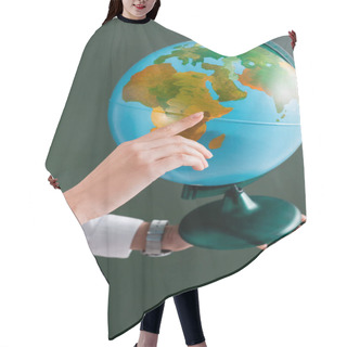 Personality  Cropped View Of Teacher Pointing With Finger At Globe  Hair Cutting Cape