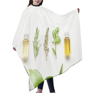 Personality  Top View Of Bottles With Essential Oil And Herbs On White Background Hair Cutting Cape