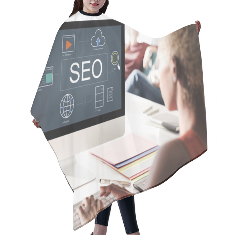 Personality  Businesswoman Working On Computer With SEO Hair Cutting Cape