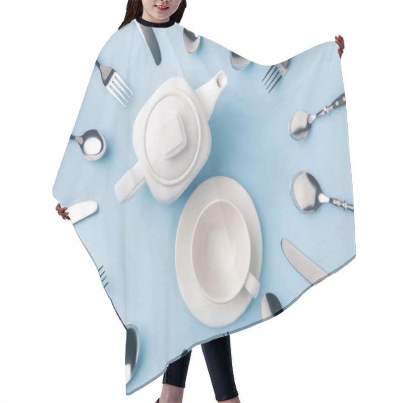 Personality  Top View Of Teapot With Cup On Plate, Surrounded By Flatware Isolated On Blue Hair Cutting Cape