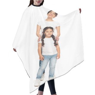 Personality  Happy Latin Mother Standing With Cute Daughter Isolated On White  Hair Cutting Cape