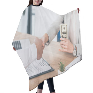 Personality  Cropped View Of Businesswoman Shaking Hands With Man And Holding Cash At Workplace, Compensation Concept Hair Cutting Cape