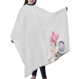 Personality  Top View Of Beautiful Orchid Flowers And Sea Salt In Bowls On White Background Hair Cutting Cape