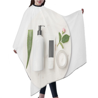Personality  Top View Of Different Cosmetic Containers, Aloe Vera Leaf And Rose Flower On White Round Surface Hair Cutting Cape