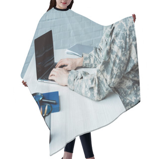 Personality  Cropped View Of Military Man Using Laptop With Blank Screen  Hair Cutting Cape