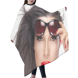 Personality  Beautiful Model Holding Fashion Sunglasses On Forehead Hair Cutting Cape
