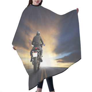 Personality  Young Man Riding Big Bike Motocycle On Asphalt High Way Against Hair Cutting Cape