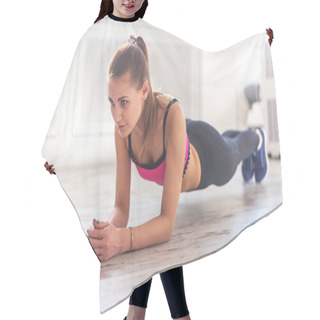 Personality  Slim Fitnes Young Girl With Ponytail Doing Planking Exercise Indoors At Home Gymnastics Hair Cutting Cape