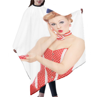 Personality  Girl With Red Dice Hair Cutting Cape