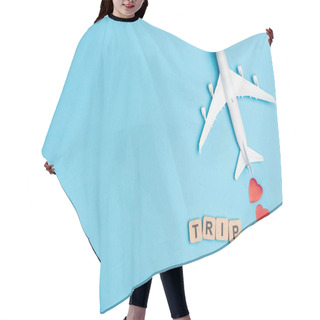Personality  Top View Of Plane Model, Word Trip And Red Hearts On Blue Background Hair Cutting Cape