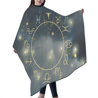 Personality  Illustration Of Night Sky With Stars And Zodiac Wheel Hair Cutting Cape