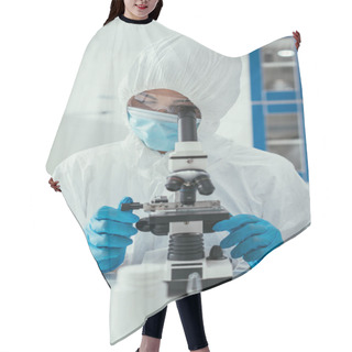 Personality  Selective Focus Of Biochemist In Hazmat Suit Looking Through Microscope Hair Cutting Cape