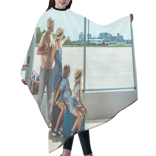 Personality  Family Looking Out Window In Airport Hair Cutting Cape