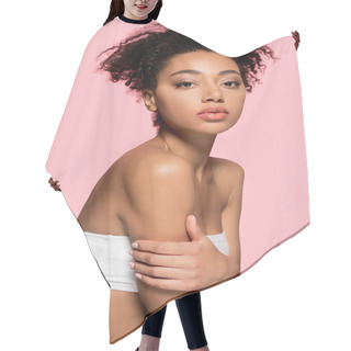 Personality  Portrait Of African American Girl With Clean Face, Isolated On Pink Hair Cutting Cape