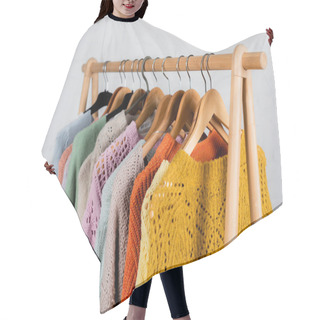 Personality  Hangers With Colorful Sweaters On Hanger Rack On White Background  Hair Cutting Cape