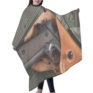 Personality  Colt Pistol In Holster And Belt Lie On Military Jacket Hair Cutting Cape