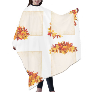 Personality  Vector Beige Cards With Colorful Autumn Leaves. Hair Cutting Cape