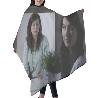 Personality  Young Woman With Mental Disorder Hair Cutting Cape