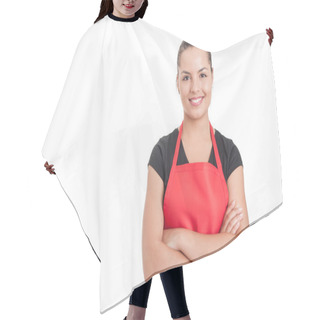 Personality  Confident Cute Employee Standing With Folded Arms Hair Cutting Cape