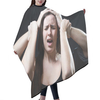 Personality  Young Woman With A Male Hands Pressing Her Head. Concept Of Oppr Hair Cutting Cape