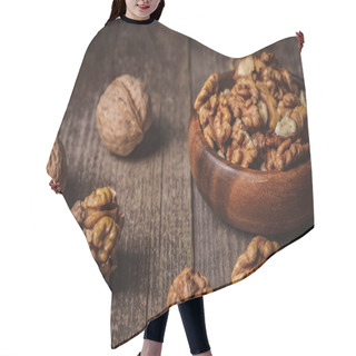 Personality  Close Up View Of Walnuts In Bowl On Wooden Surface Hair Cutting Cape