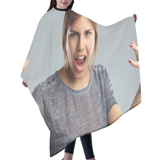 Personality  Young Woman Makes A Roaring Gesture, Expressing Ferocity And Playful Aggression Hair Cutting Cape