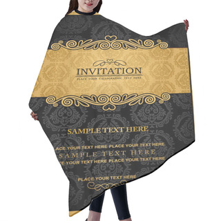 Personality  Abstract Background With Antique, Vintage Frame And Banner, Black Damask Wallpaper With Ornamental, Gold Invitation Card, Baroque Style Label, Fashion Pattern, Graphic Ornament For Decoration, Design Hair Cutting Cape