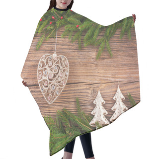 Personality  Christmas Fir Tree, Christmas Tree Toy, Gifts On Old Wooden  Background With Copy Space. Toned Hair Cutting Cape