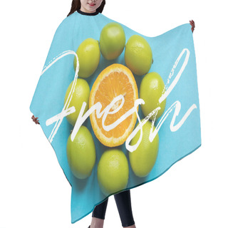 Personality  Top View Of Ripe Orange And Limes Arranged In Circle On Blue Background, Fresh Illustration Hair Cutting Cape