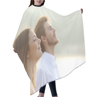 Personality  Couple Of Man And Woman Breathing Deep Fresh Air Hair Cutting Cape