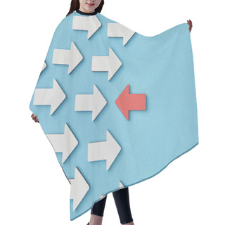Personality  Top View Of Red Horizontal Pointer Opposite White Arrows On Blue Background Hair Cutting Cape