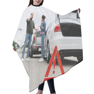Personality  Drivers Talking On Road With Red Stop Sign On Foreground Hair Cutting Cape