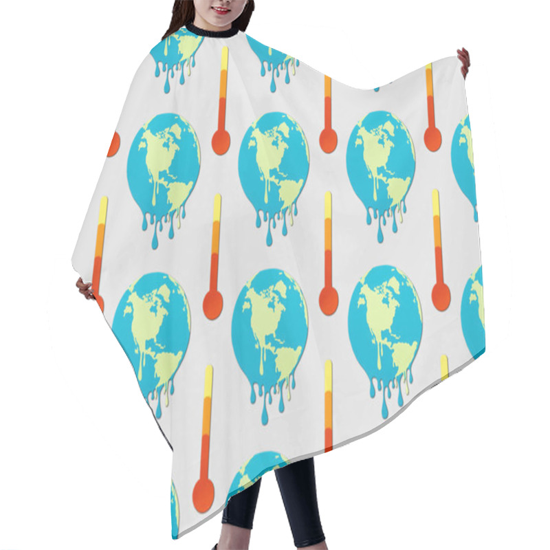 Personality  pattern with signs of melting globes and thermometers on grey background, global warming concept hair cutting cape