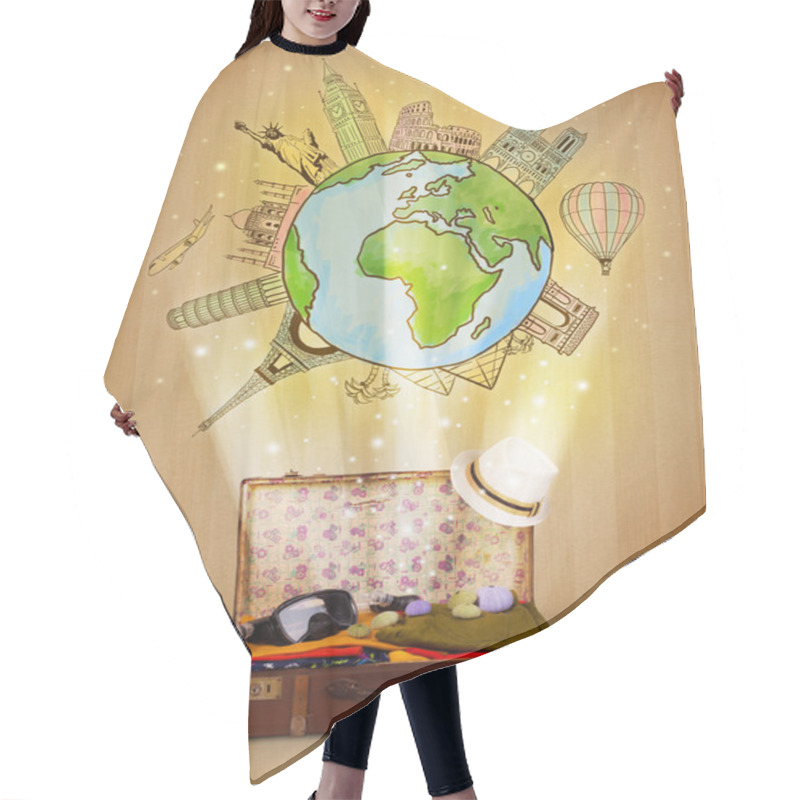Personality  Luggage with travel around the world illustration concept hair cutting cape
