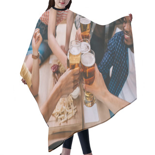 Personality  Cropped View Of Multicultural Friends Clinking Glasses Of Light Beer In Pub Hair Cutting Cape